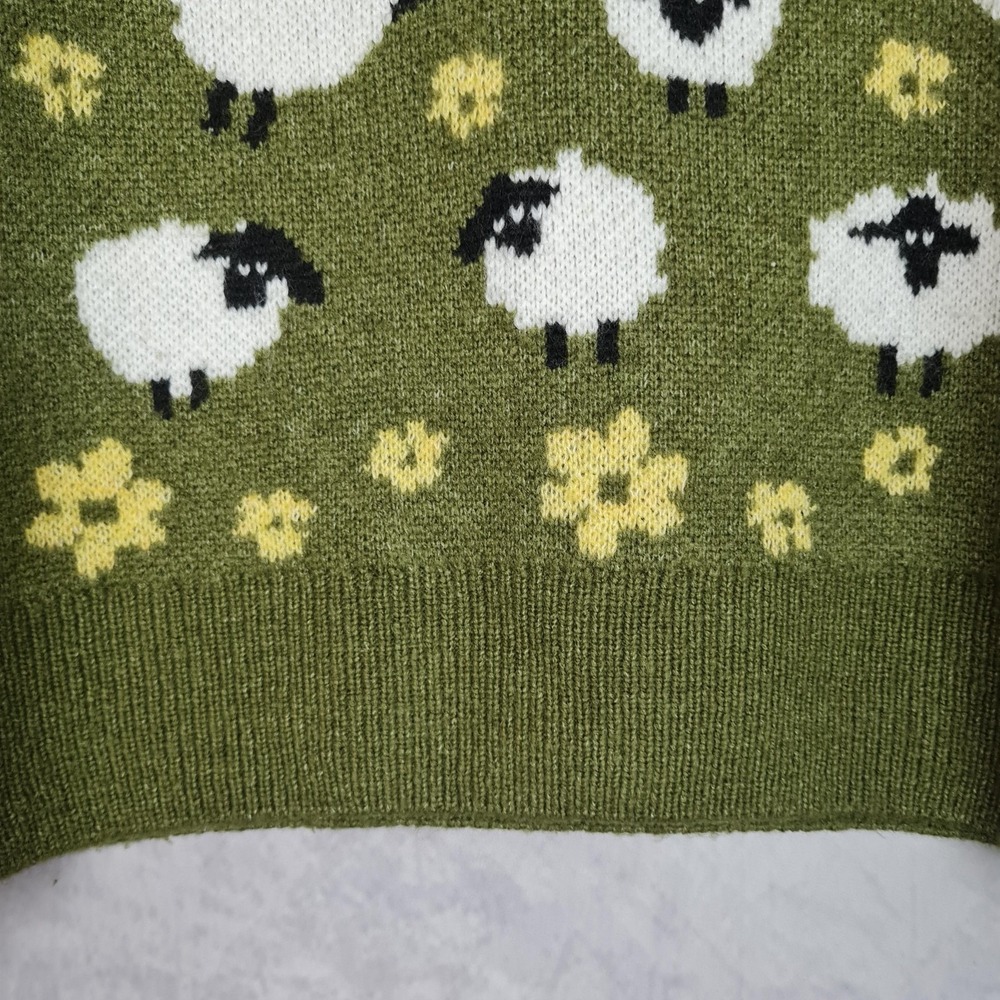 Zara Sweater Womens Medium Green Sheep Floral Graphic Knit Pullover Kawaii - Picture 6 of 16